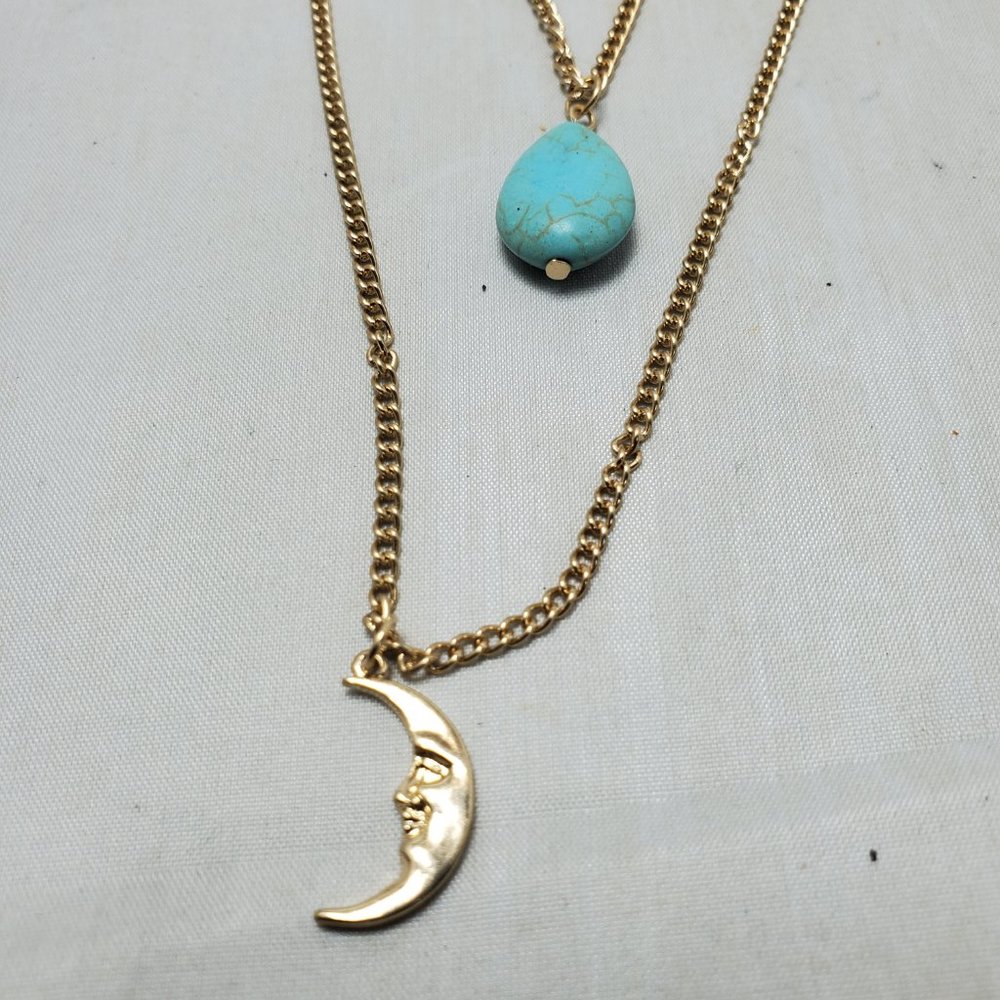 Banana Republic gold crescent moon with turquoise stone gold layered necklace - Picture 6 of 9